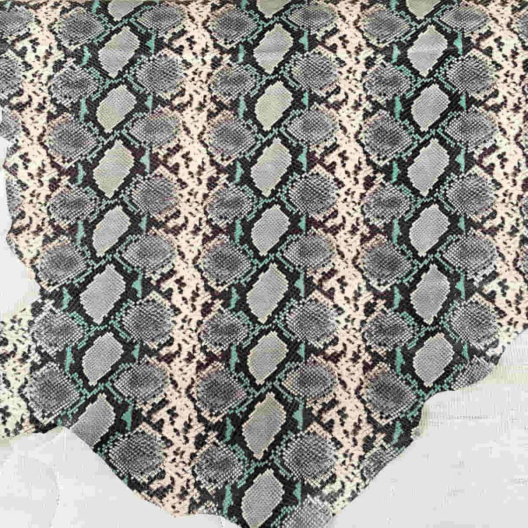 Beige-Light Blue Snake Pattern Leather