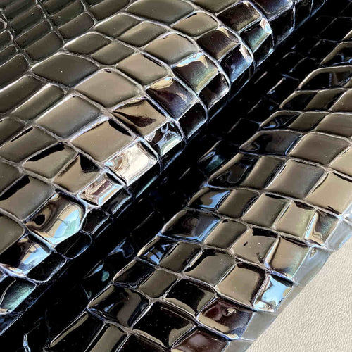 Blue Black Glossy Croco Leather